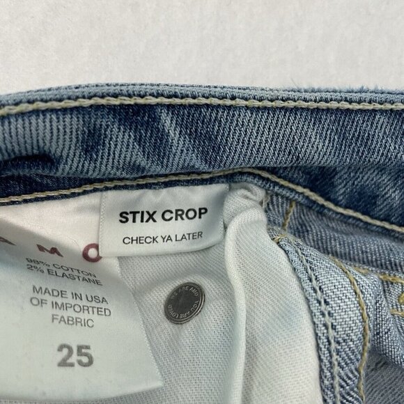 AMO Cropped Distressed Raw Hem Skinny Jeans Stretch Denim Light Wash size 25 - Picture 11 of 13